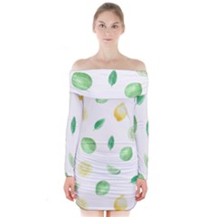 Lemon And Limes Yellow Green Watercolor Fruits With Citrus Leaves Pattern Long Sleeve Off Shoulder Dress by genx