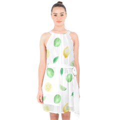 Lemon And Limes Yellow Green Watercolor Fruits With Citrus Leaves Pattern Halter Collar Waist Tie Chiffon Dress by genx