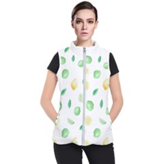 Lemon And Limes Yellow Green Watercolor Fruits With Citrus Leaves Pattern Women s Puffer Vest by genx