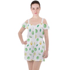 Lemon And Limes Yellow Green Watercolor Fruits With Citrus Leaves Pattern Ruffle Cut Out Chiffon Playsuit by genx