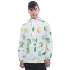 Lemon And Limes Yellow Green Watercolor Fruits With Citrus Leaves Pattern Men s Front Pocket Pullover Windbreaker by genx