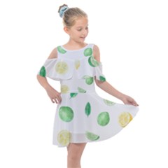 Lemon And Limes Yellow Green Watercolor Fruits With Citrus Leaves Pattern Kids  Shoulder Cutout Chiffon Dress by genx