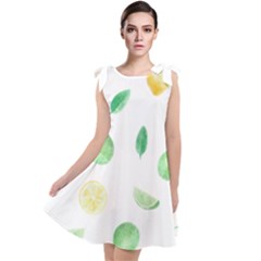 Lemon And Limes Yellow Green Watercolor Fruits With Citrus Leaves Pattern Tie Up Tunic Dress by genx