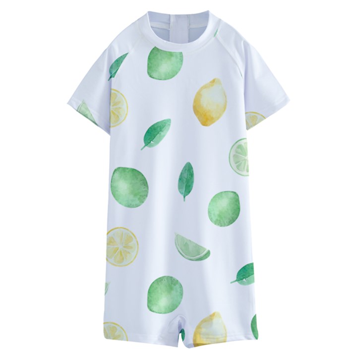 Lemon and limes yellow green watercolor fruits with citrus leaves Pattern Kids  Boyleg Half Suit Swimwear