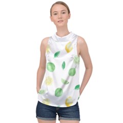 Lemon And Limes Yellow Green Watercolor Fruits With Citrus Leaves Pattern High Neck Satin Top by genx