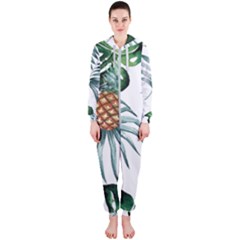 Pineapple Tropical Jungle Giant Green Leaf Watercolor Pattern Hooded Jumpsuit (ladies)  by genx