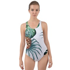 Pineapple Tropical Jungle Giant Green Leaf Watercolor Pattern Cut-out Back One Piece Swimsuit by genx