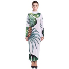 Pineapple Tropical Jungle Giant Green Leaf Watercolor Pattern Turtleneck Maxi Dress by genx