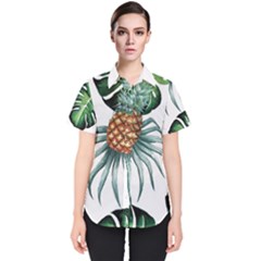 Pineapple Tropical Jungle Giant Green Leaf Watercolor Pattern Women s Short Sleeve Shirt