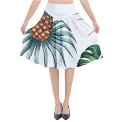 Pineapple Tropical Jungle Giant Green Leaf Watercolor Pattern Flared Midi Skirt by genx