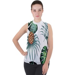 Pineapple Tropical Jungle Giant Green Leaf Watercolor Pattern Mock Neck Chiffon Sleeveless Top by genx