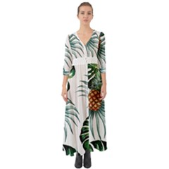 Pineapple Tropical Jungle Giant Green Leaf Watercolor Pattern Button Up Boho Maxi Dress by genx