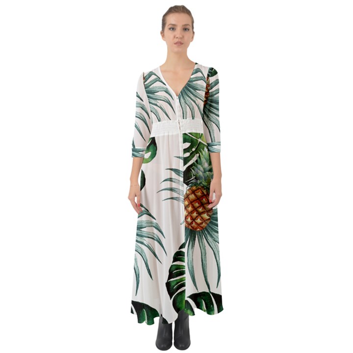 Pineapple Tropical Jungle Giant Green Leaf Watercolor Pattern Button Up Boho Maxi Dress