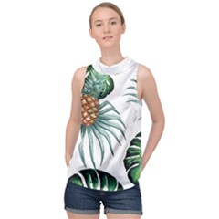 Pineapple Tropical Jungle Giant Green Leaf Watercolor Pattern High Neck Satin Top by genx