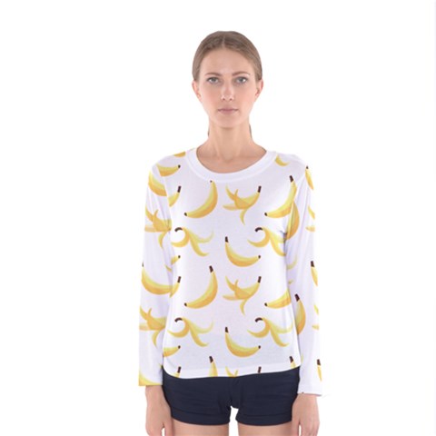 Yellow Banana And Peels Pattern With Polygon Retro Style Women s Long Sleeve Tee by genx