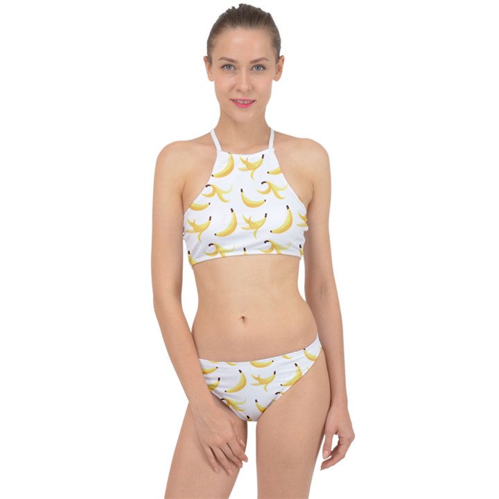 Yellow Banana and peels pattern with polygon retro style Racer Front Bikini Set