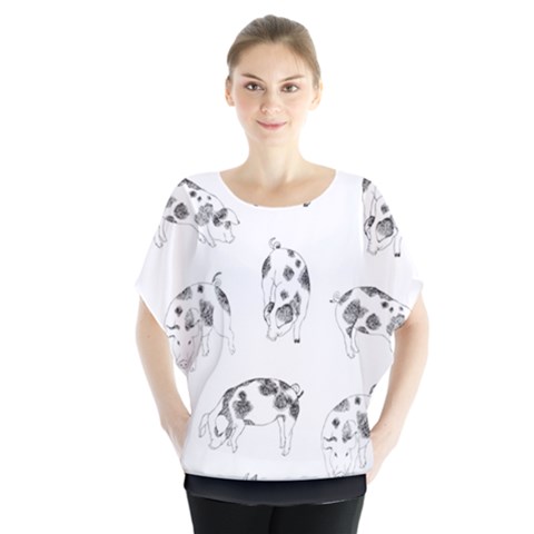 Pigs Handrawn Black And White Square13k Black Pattern Skull Bats Vintage K Batwing Chiffon Blouse by genx