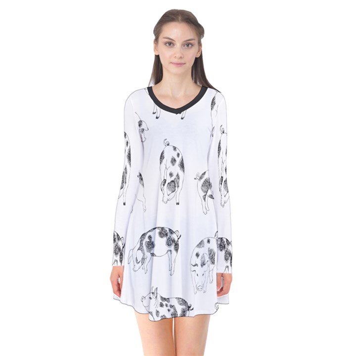 Pigs Handrawn Black And White Square13k Black Pattern Skull Bats Vintage K Long Sleeve V-neck Flare Dress