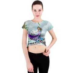 Cute Fairy Dancing On A Piano Crew Neck Crop Top by FantasyWorld7