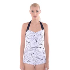 Birds Hand Drawn Outline Black And White Vintage Ink Boyleg Halter Swimsuit  by genx