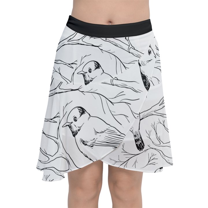 Birds Hand drawn Outline Black And White Vintage ink Chiffon Wrap Front Skirt