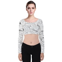 Birds Hand Drawn Outline Black And White Vintage Ink Velvet Long Sleeve Crop Top by genx