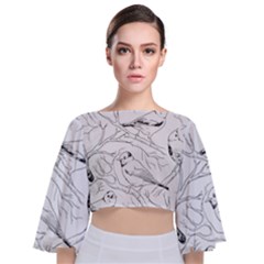 Birds Hand Drawn Outline Black And White Vintage Ink Tie Back Butterfly Sleeve Chiffon Top by genx