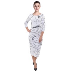 Birds Hand Drawn Outline Black And White Vintage Ink Quarter Sleeve Midi Velour Bodycon Dress by genx