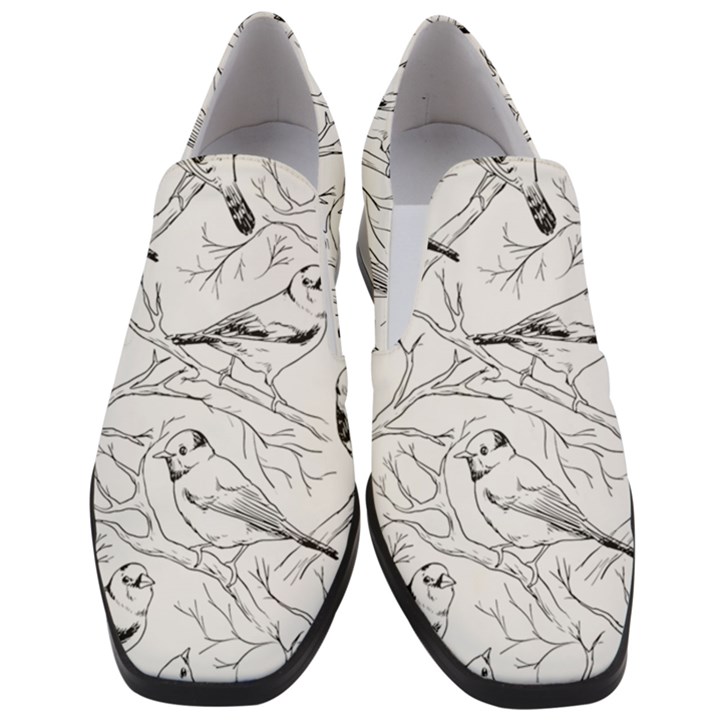 Birds Hand drawn Outline Black And White Vintage ink Slip On Heel Loafers