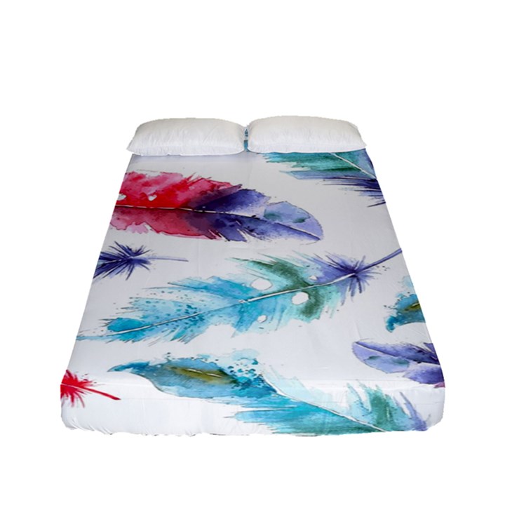 Feathers Boho Style Purple Red and Blue Watercolor Fitted Sheet (Full/ Double Size)