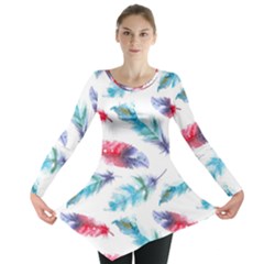 Feathers Boho Style Purple Red And Blue Watercolor Long Sleeve Tunic  by genx