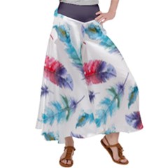 Feathers Boho Style Purple Red And Blue Watercolor Satin Palazzo Pants by genx