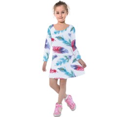 Feathers Boho Style Purple Red And Blue Watercolor Kids  Long Sleeve Velvet Dress by genx