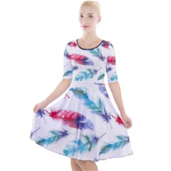 Feathers Boho Style Purple Red And Blue Watercolor Quarter Sleeve A-line Dress by genx