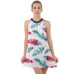 Feathers Boho Style Purple Red And Blue Watercolor Halter Tie Back Chiffon Dress by genx