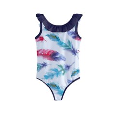 Feathers Boho Style Purple Red And Blue Watercolor Kids  Frill Swimsuit by genx