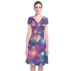 Abstract Background Graphic Space Short Sleeve Front Wrap Dress