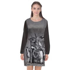 Odin On His Throne With Ravens Wolf On Black Stone Texture Long Sleeve Chiffon Shift Dress  by snek