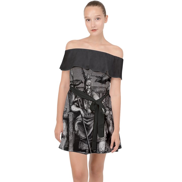 Odin on his Throne with ravens wolf on black stone texture Off Shoulder Chiffon Dress