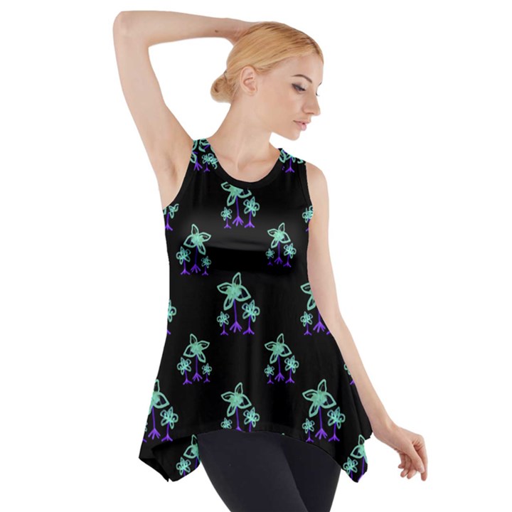 Dark Floral Drawing Print Pattern Side Drop Tank Tunic