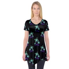 Dark Floral Drawing Print Pattern Short Sleeve Tunic 