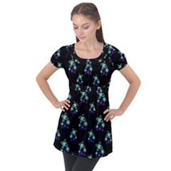 Dark Floral Drawing Print Pattern Puff Sleeve Tunic Top