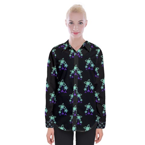 Dark Floral Drawing Print Pattern Womens Long Sleeve Shirt by dflcprintsclothing