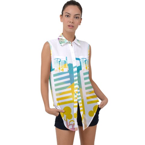 Silhouette Cityscape Building Icon Color City Sleeveless Chiffon Button Shirt by Sudhe