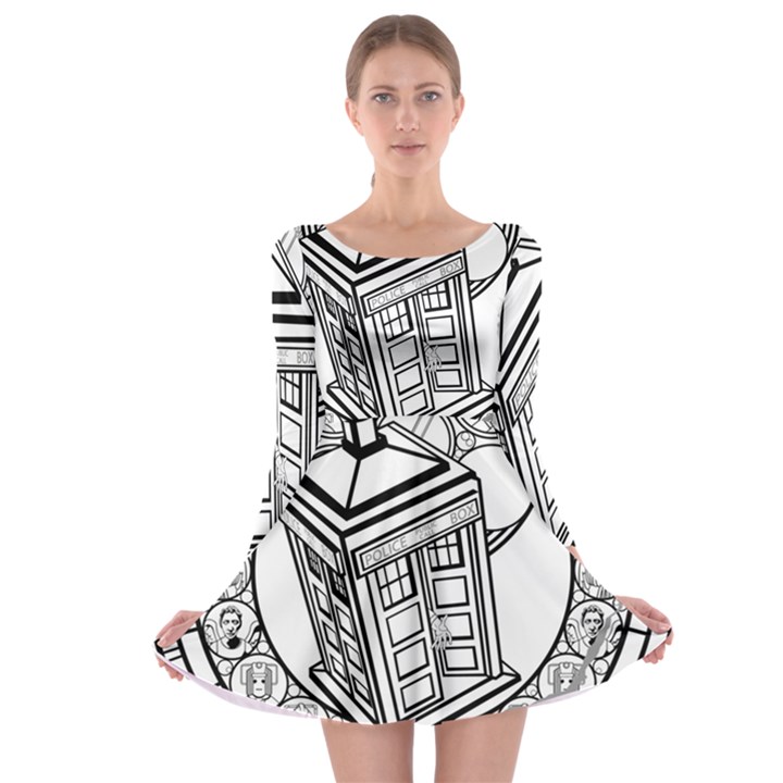 Bad Wolf Tardis Art Drawing Doctor Who Long Sleeve Skater Dress