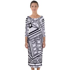 Bad Wolf Tardis Art Drawing Doctor Who Quarter Sleeve Midi Bodycon Dress by Sudhe