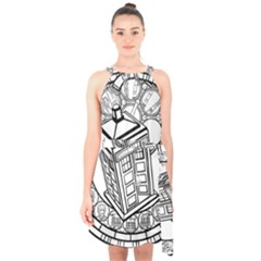 Bad Wolf Tardis Art Drawing Doctor Who Halter Collar Waist Tie Chiffon Dress by Sudhe