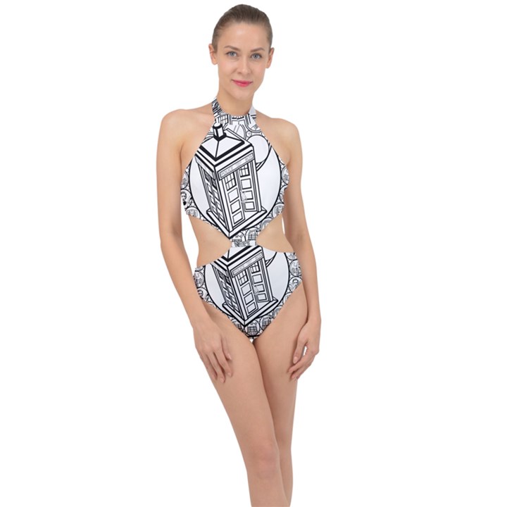 Bad Wolf Tardis Art Drawing Doctor Who Halter Side Cut Swimsuit