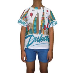 Burj Khalifa Skyline Clip Art Drawing Comic World Kids  Short Sleeve Swimwear by Sudhe