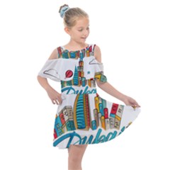 Burj Khalifa Skyline Clip Art Drawing Comic World Kids  Shoulder Cutout Chiffon Dress by Sudhe